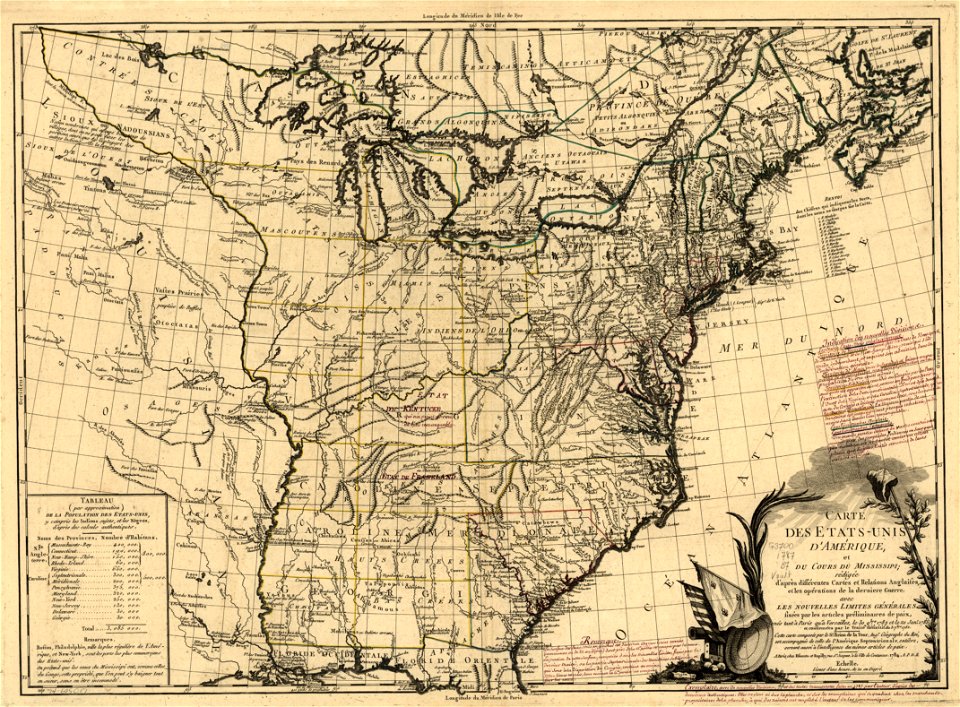 Carte des États-Unis d'Amérique, et du cours du Mississipi; rédigée d'après différentes cartes et relations anglaises, et les opérations de la dernière guerre- avec les nouvelles limites générales LOC 74695017