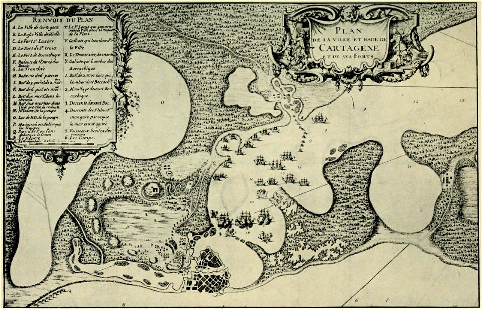 Carte de l'attaque de Carthagène des Indes en 1697