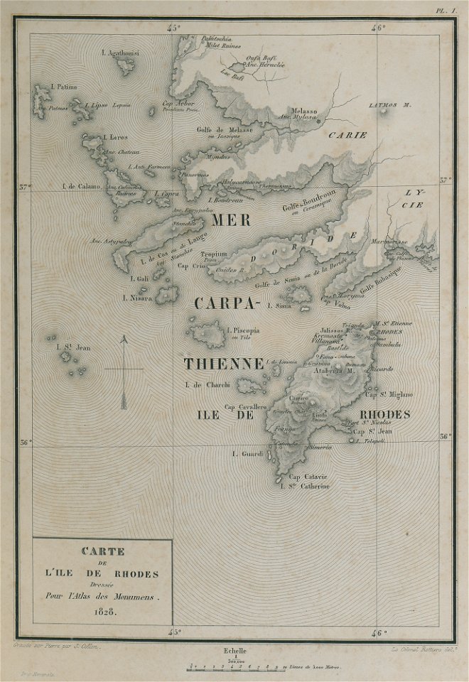Carte de l”île de Rhodes dressée pour l'Atlas des monuments - Rottiers Bernard Eugène Antoine - 1828