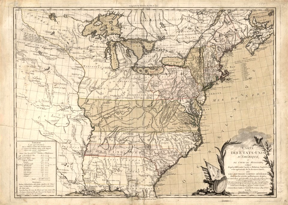 Carte des Etats-Unis d'Amérique, et du cours du Mississippi; rédigée d'après différentes cartes et relations anglaises et les opérations de la derniere guerre; avec les nouvelles limites générales LOC gm71002354