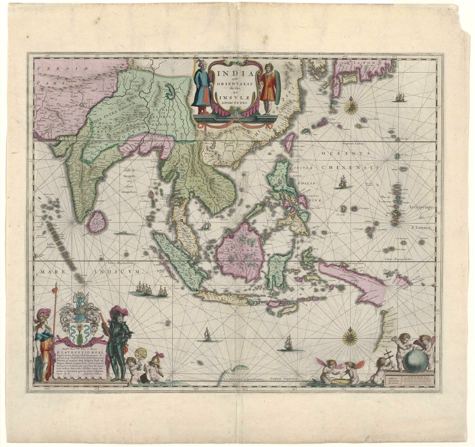 Cartografie in 17de eeuw, kaart van Indonesië en een deel van Zuid-Oost-Azië, Willem Janszoon Blaeu, 1635 - Rijksmuseum