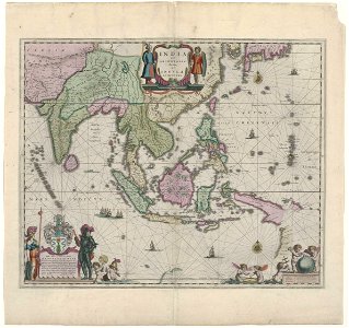 Cartografie in 17de eeuw, kaart van Indonesië en een deel van Zuid-Oost-Azië, Willem Janszoon Blaeu, 1635 - Rijksmuseum