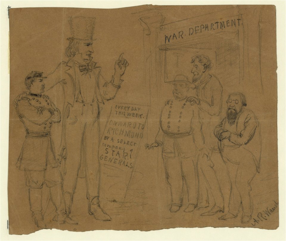 Cartoon showing Uncle Sam and General McClellan standing before a playbill which reads- Every day this week onward to Richmond by a select company of star generals LCCN2004660128