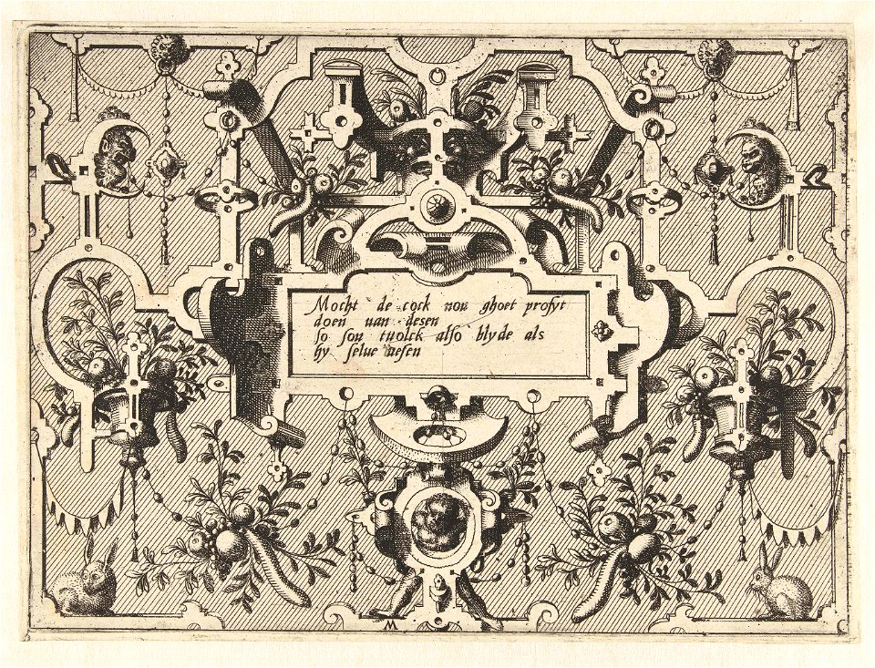 Cartouche met grotesken, middenonder staat een kind