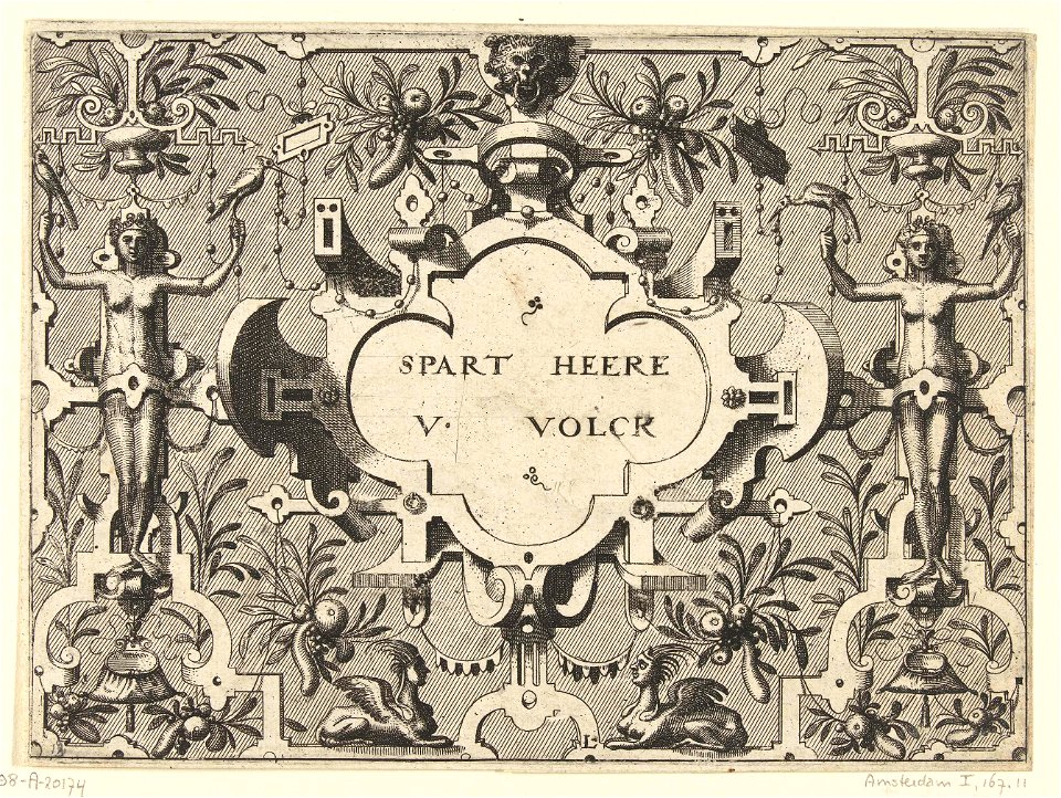 Cartouche omgeven door grotesken, links en rechts staat een vrouw