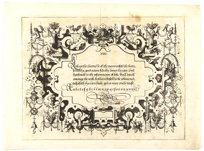 Cartouche met kalligrafie, links- en rechtsboven een kind met vogel