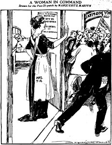 Cartoon by Marguerite Martyn portraying Edith Roosevelt guarding the door to Theodore Roosevelts room. Free illustration for personal and commercial use.
