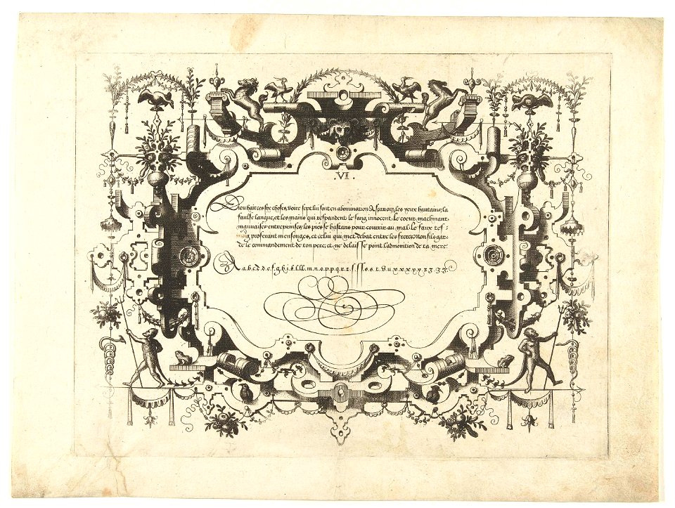 Cartouche met kalligrafie, erboven twee vogels en twee paarden