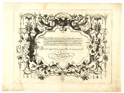 Cartouche met kalligrafie, erboven twee vogels en twee paarden