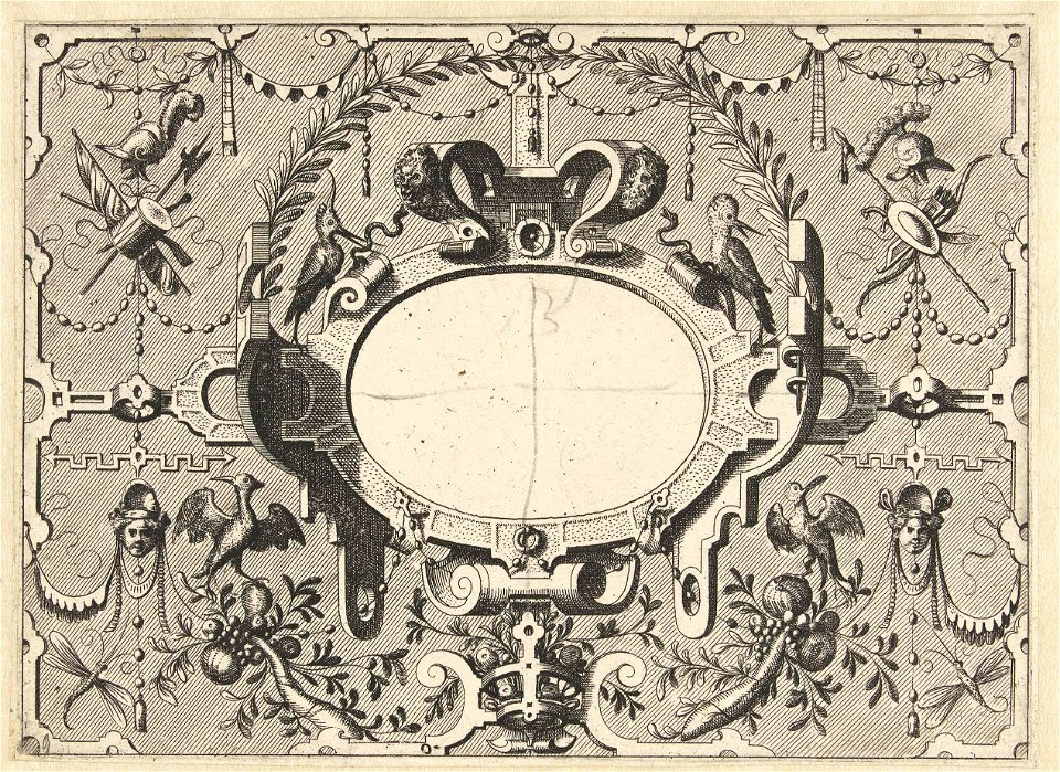 Cartouche omgeven door grotesken, op de cartouche staat een boog van bladeren