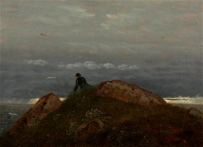 Carus Hünengrab mit ruhendem Wanderer
