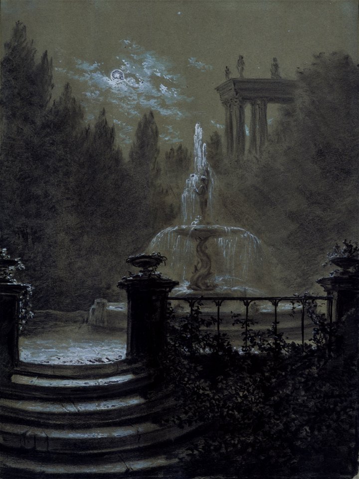Carl Gustav Carus - Park mit Springbrunnen im Mondschein (nach 1851)