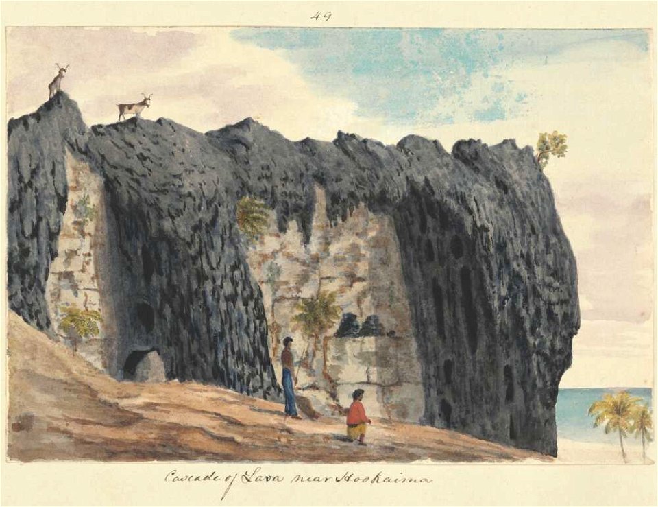 Cascade of lava near Hookaima, 1855, watercolour by James Gay Sawkins