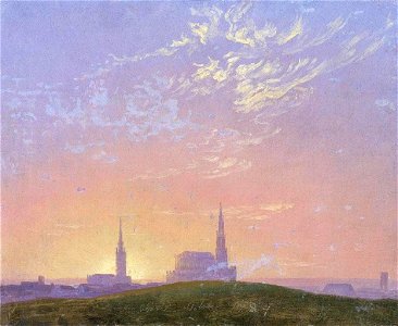 Caspar David Friedrich - Abend (Sonnenuntergang hinter der Dresdener Hofkirche), 1824. Free illustration for personal and commercial use.