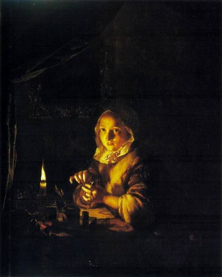 Caspar Netscher - Jonge vrouw, een horloge opwindend bij kaarslicht - 1189 - Uffizi Gallery