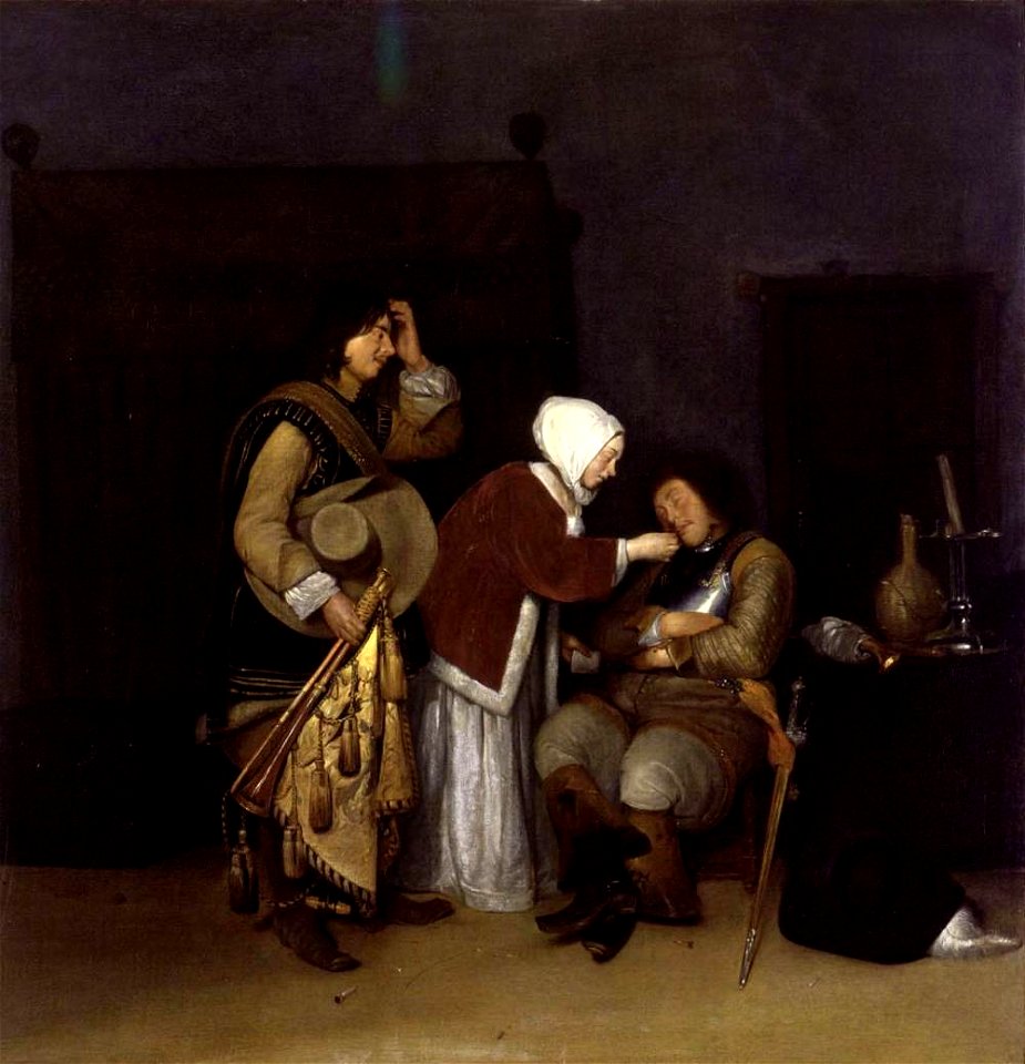 Caspar Netscher - Interior with a Sleeping Soldier - WGA16522