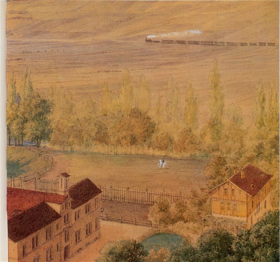 Caspar Obach, Baumwollspinnerei und Weberei Kuchen, 1862, Reitplatz zwischen dem Kontor- und Wohngebäude des Direktors und der Weberei