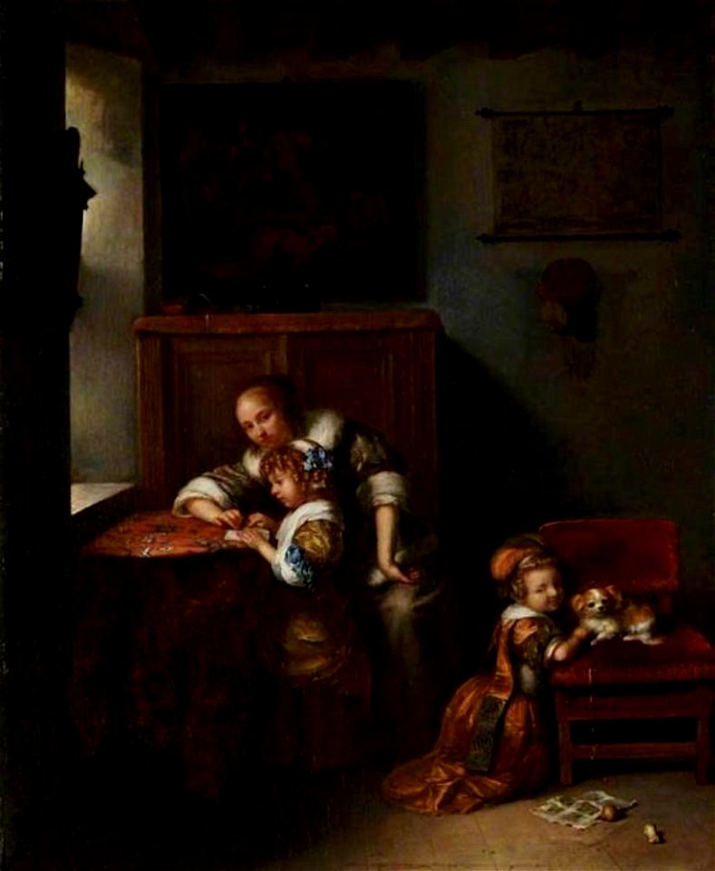 Caspar Netscher - Interieur met een jonge vrouw die een kind leert lezen - NG844 - National Gallery