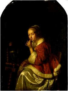 Caspar Netscher - Vrouw zittend bij een spinnewiel - NG845 - National Gallery