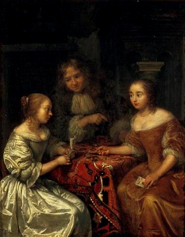 Caspar Netscher - Gesprek tussen twee vrouwen en een man over een brief - G 2348 - Staatliches Museum Schwerin