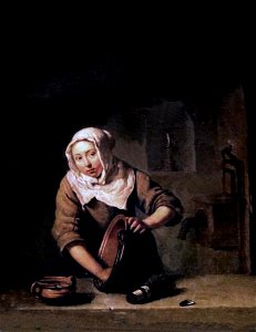 Caspar Netscher - Jonge vrouw, een ketel schrobbend - 1288 - Uffizi Gallery. Free illustration for personal and commercial use.