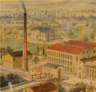 Caspar Obach, Baumwollspinnerei und Weberei Kuchen, 1862, Turbinenhaus, Spinnereigebäude mit angebautem Websaal, Park mit Fabrikantenvilla