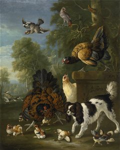 A family of chickens fending off a spaniel in a landscape