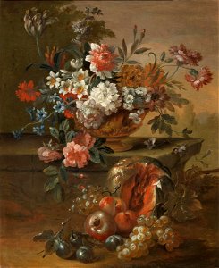 Pieter Casteels III - Melons, grapes and peaches before a stone ledge and a bronze urn filled with chrysanthemums, roses, tulips and other flowers