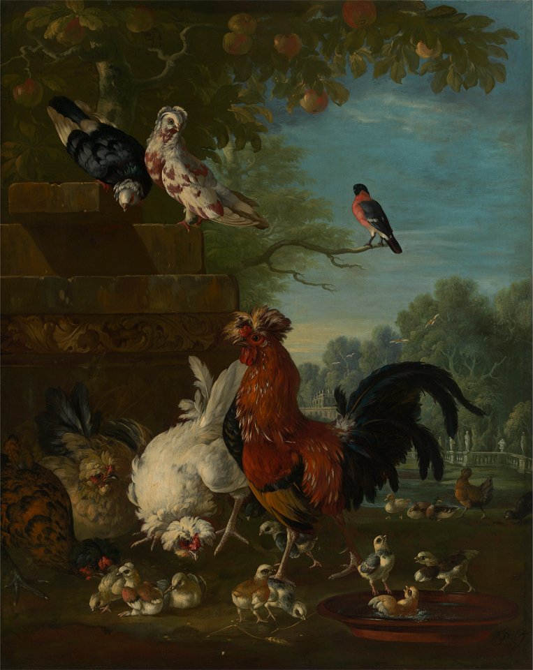 Peter Casteels - Domestic cock, hens, and chicks in a park - Google Art Project