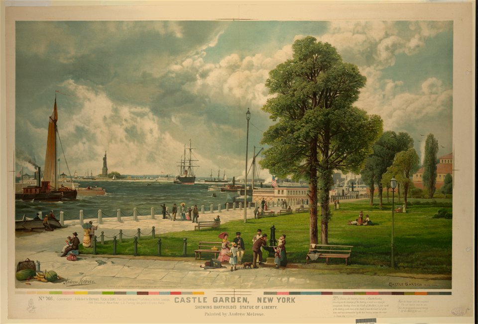 Castle Garden, New York, showing Bartholdi's Statue of Liberty - painted by Andrew Melrose. LCCN92516023