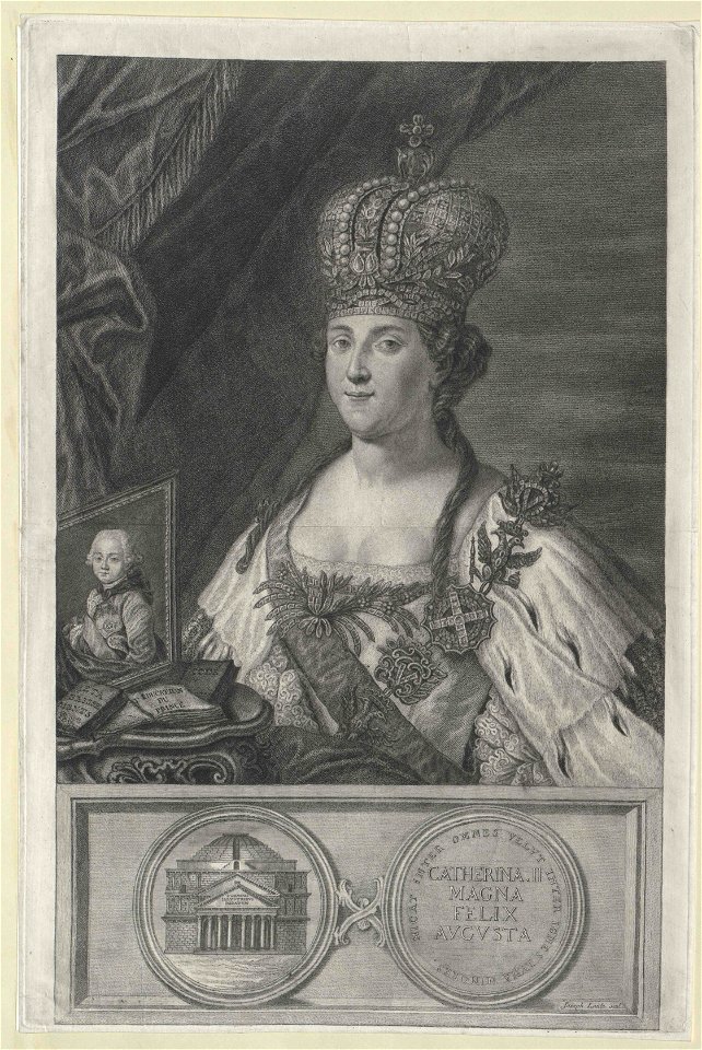 Catherine II of Russia after Torelli with Paul I's portrait (engraving)