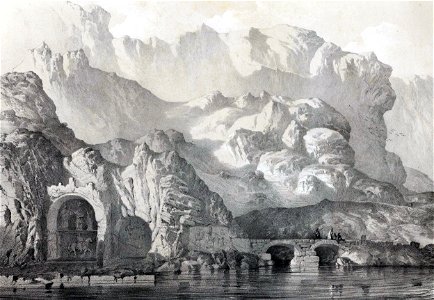 Cave and village Tagh i Bustan By Eugène Flandin