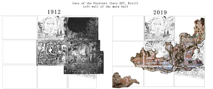 Cave of the Painters, main hall left wall in 1912 and 2019. Free illustration for personal and commercial use.