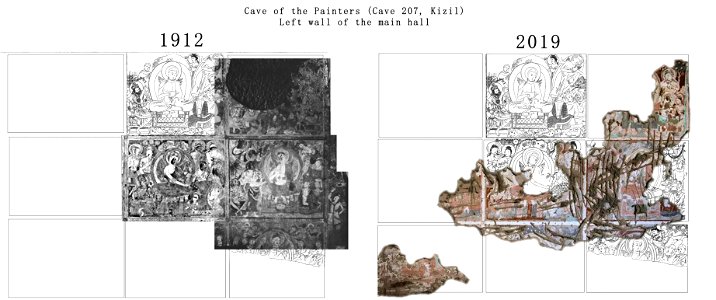 Cave of the Painters, main hall left wall in 1912 and 2019