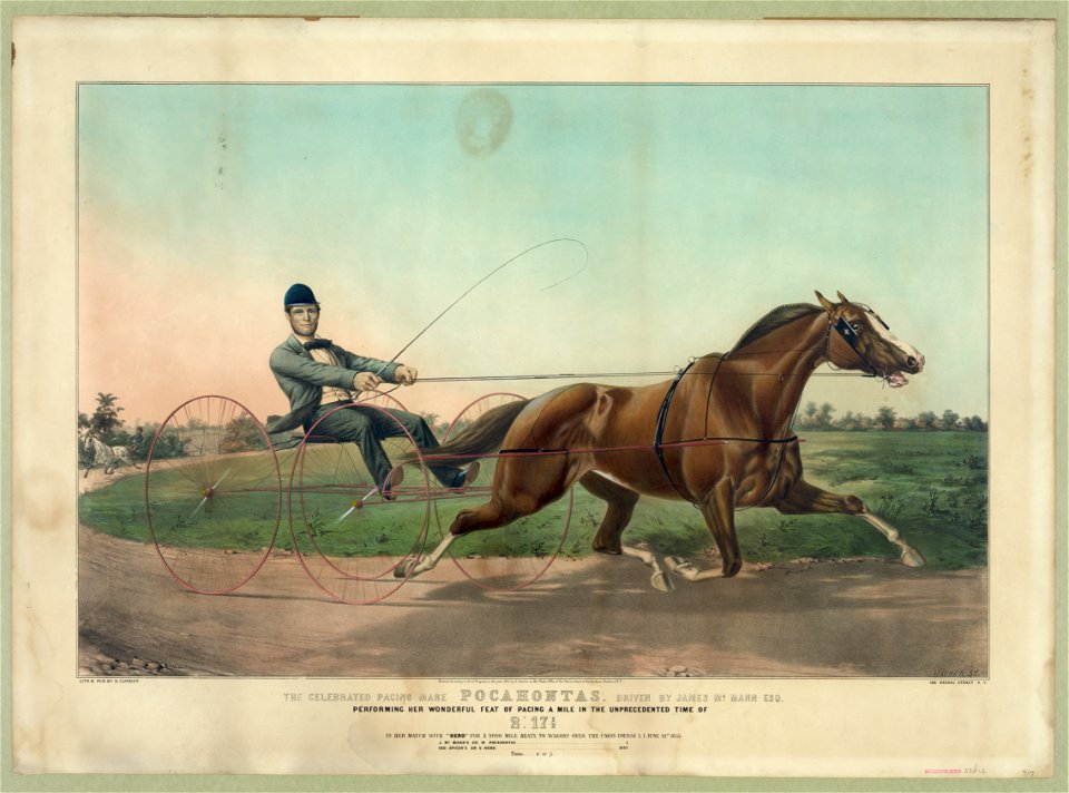 Celebrated pacing mare Pocahontas, driven by James McMann esq- Peforming her wonderful feat of pacing a mile in the unprecedented time of 2-171-2 in her match with Hero for $2000 mile LCCN90714357