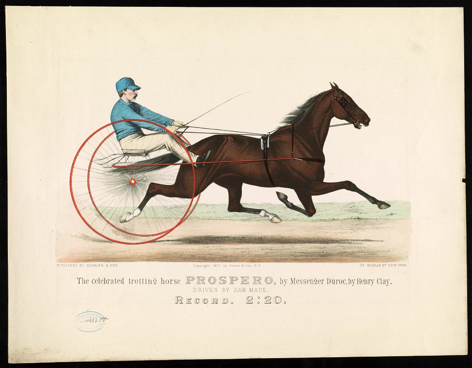 Celebrated trotting horse Prospero, by messenger Duroc, by Henry Clay- Driven by Dan Mace. Record, 2-20 LCCN90714730