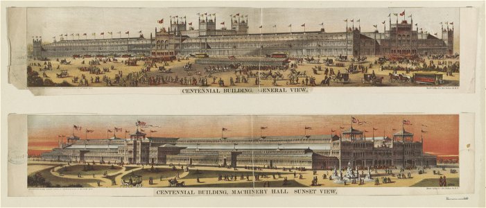 Centennial building. General view. Centennial building, Machinery Hall. Sunset view - Howe. LCCN93517424