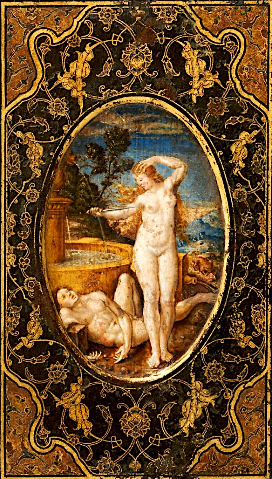 Center detail, Book Cover, painted leather, late 16th century, Book Cover - Google Art Project (cropped)