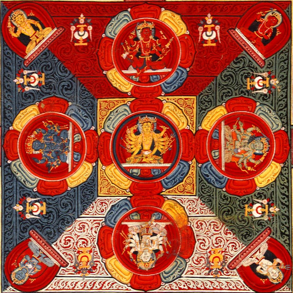 Center detail, top right mandala, Tibetan, Central Tibet, Tsang, Ngor Monastery, Sakya, Four Mandalas of the Vajravali Series (cropped) (cropped)