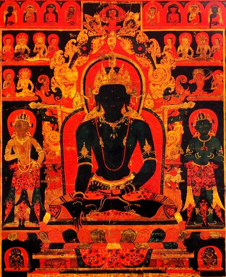 Center detail, 'The Dhyani Buddha Akshobhya', Tibetan thangka, late 13th century, Honolulu Academy of Arts (cropped)
