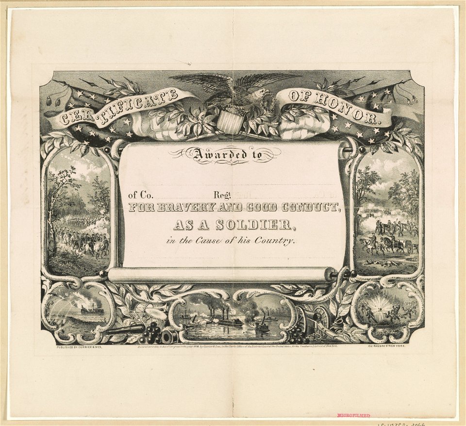 Certificate of honor- Awarded to - of Co. - Regt. - for bravery and good conduct, as a soldier, in the cause of his country LCCN90715733