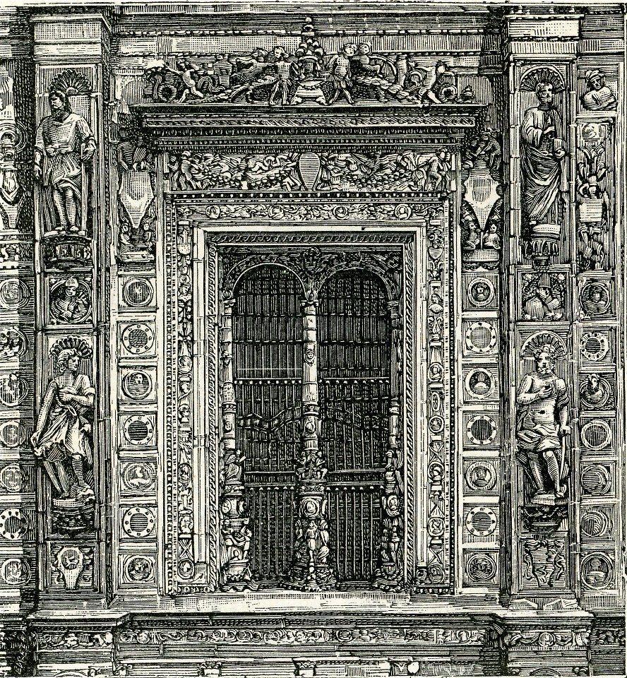 Certosa finestra sulla facciata del tempio xilografia di Barberis