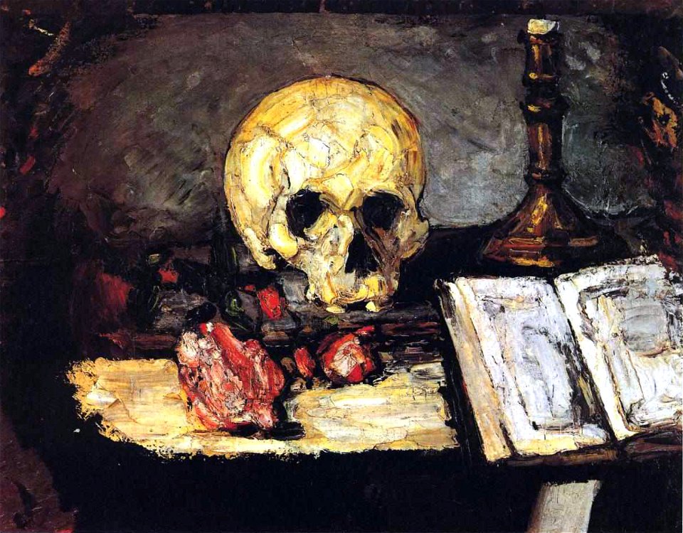 Cezanne - Stilleben mit Totenkopf, Kerze und Buch