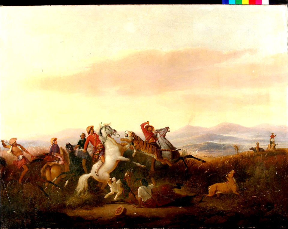 Collectie NMvWereldculturen, RV-3155-304, Olieverfschildering, 'Tijgerjacht', Raden Saleh, voor 1880