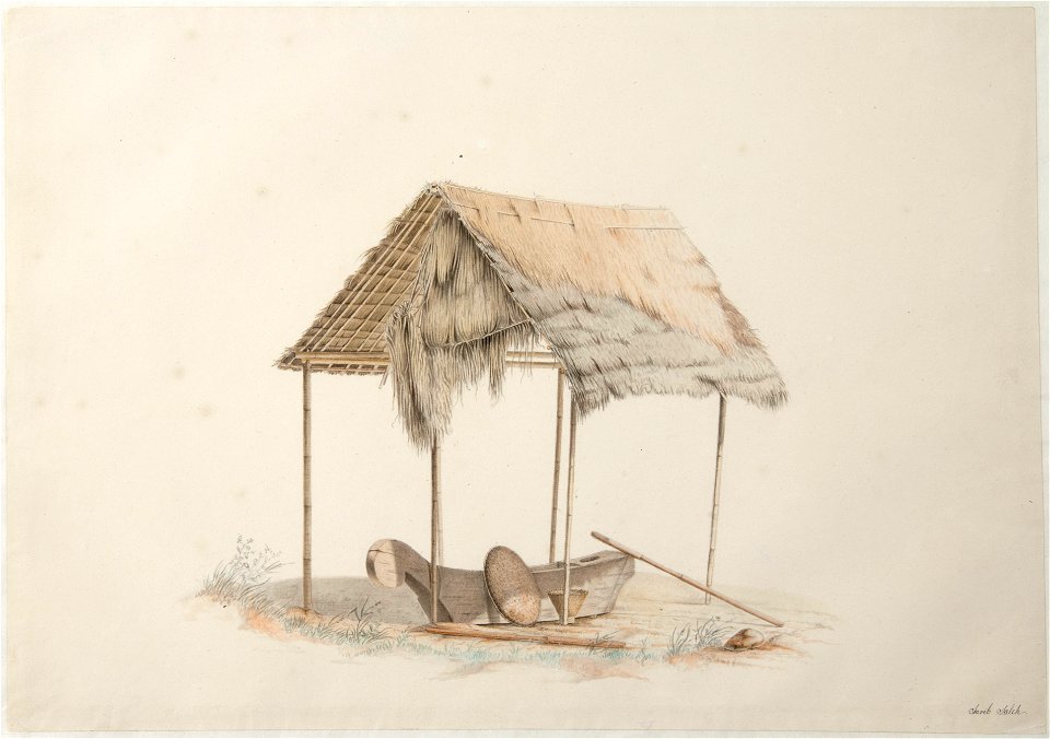 Collectie NMvWereldculturen, TM-H-3270g, Aquarel, 'Een schuur met gereedschap voor rijstverwerking', Raden Saleh, 1820-1826