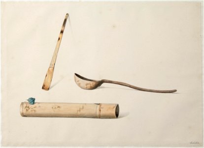 Collectie NMvWereldculturen, TM-H-3270e, Aquarel, 'Een spatel, lepel en bamboekoker', Raden Saleh, 1820-1826