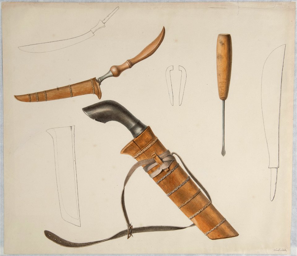 Collectie NMvWereldculturen, TM-H-3270i, Aquarel, 'Wapens en gereedschap', Raden Saleh, 1820-1826