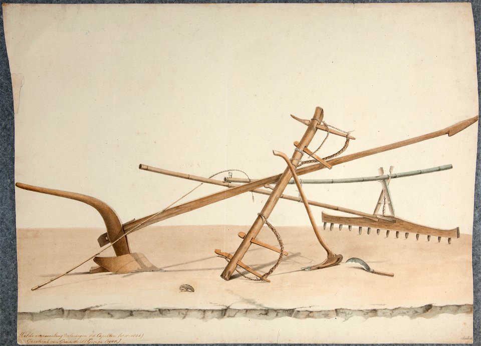 Collectie NMvWereldculturen, TM-H-3270j, Aquarel, 'Landbouw-werktuigen', Raden Saleh, 1820-1826