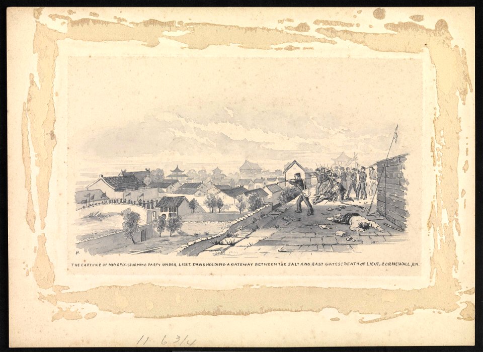 Collection of seven wash drawings of the China War 1858. 2. Capture of Ninpo- storming party under Liet. Davis holding a gateway between the Salt and East Gates; death of Lieut Cornewall, RN RMG PZ0720