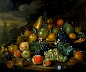 A Still Life of Pears, Peaches and Grapes) by Charles Collins